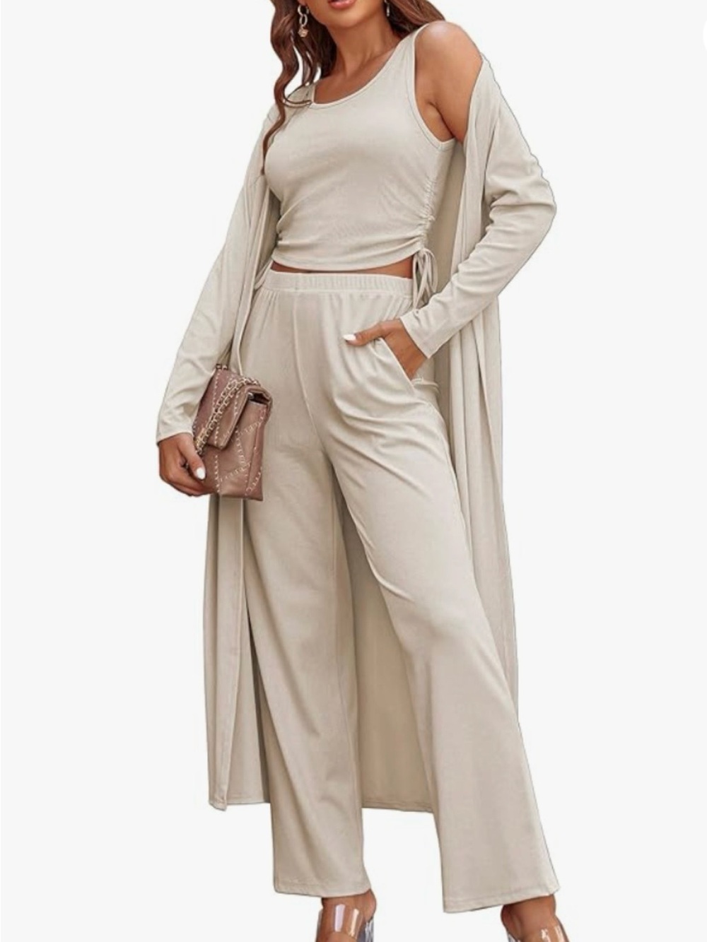 Women's Cream 3-Piece Lounge Robe Set - Cozy Layered Sleepwear
